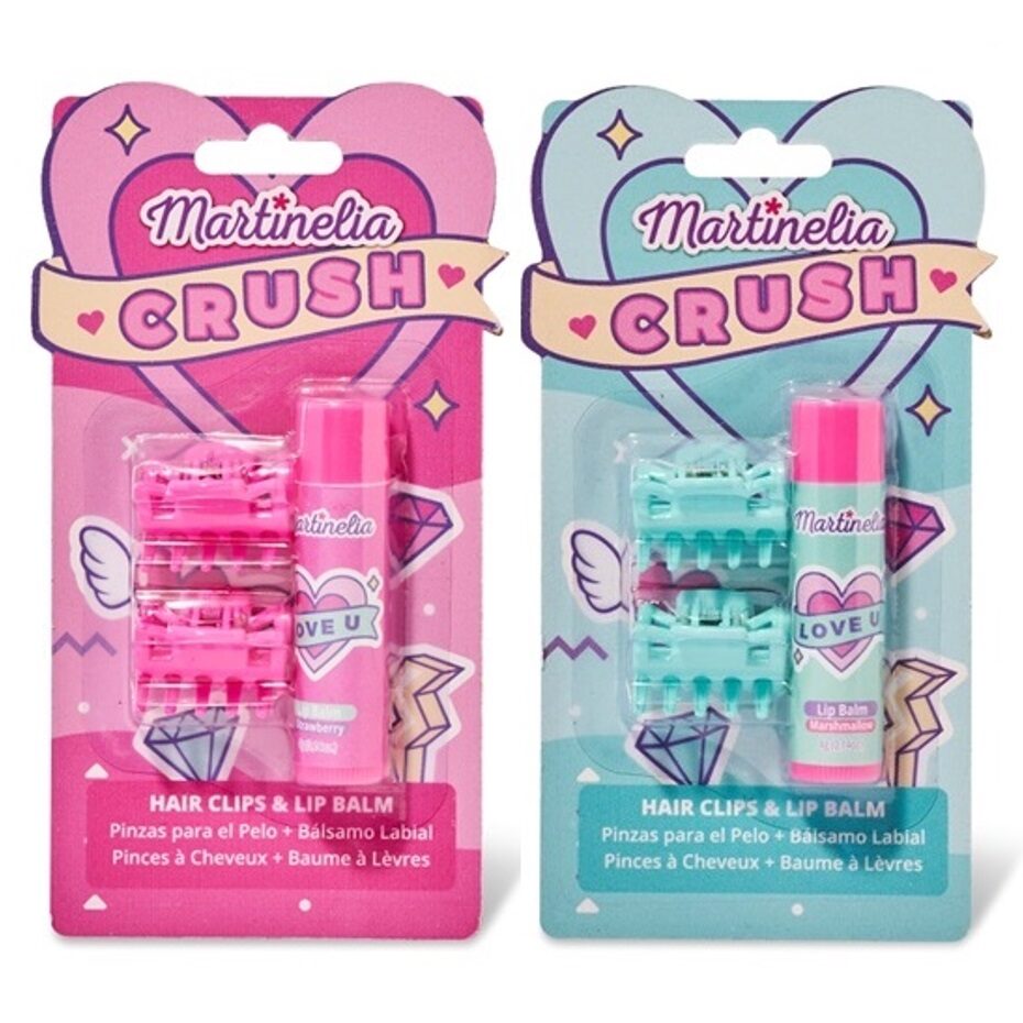 Pachet 2 Set balsam de buze cu aroma de bezele & capsuni si agrafe asortate Crush Martinelia 11101, 4 g