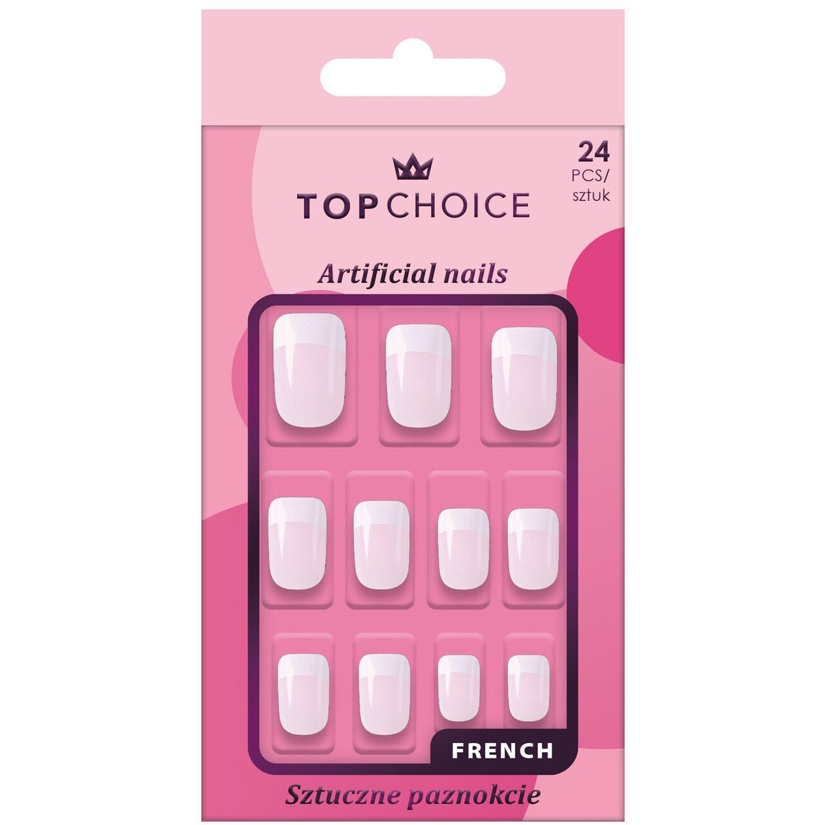 Set 24 unghii artificiale Top Choice, 78415, french patrate