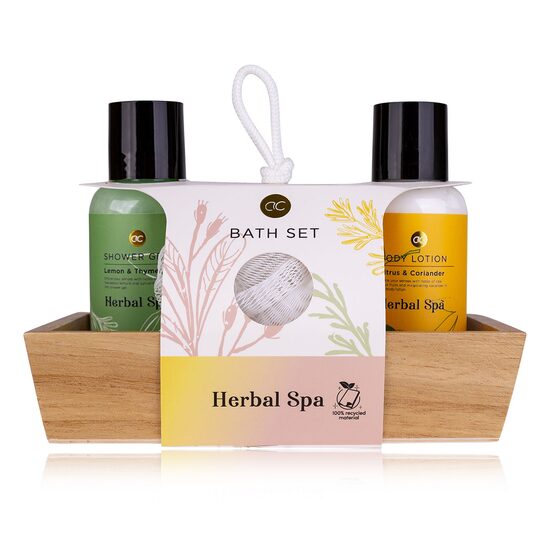 Set baie 3 produse de ingrijire corporala Herbal Spa, in tava din lemn, Accentra, 6059178