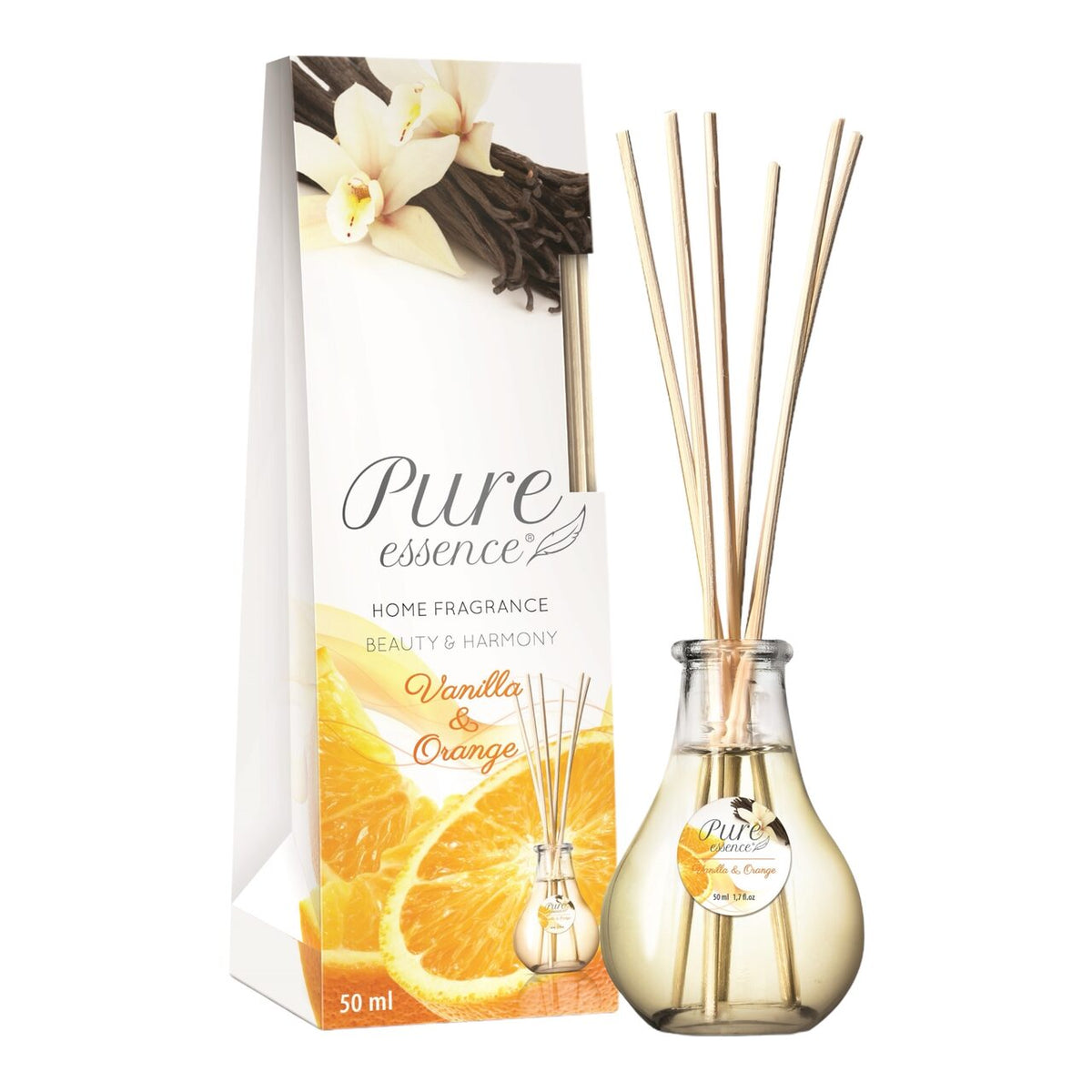 Difuzor cu betisoare parfumate Pure Essence, Vanilie si flori de portocala, 50 ml