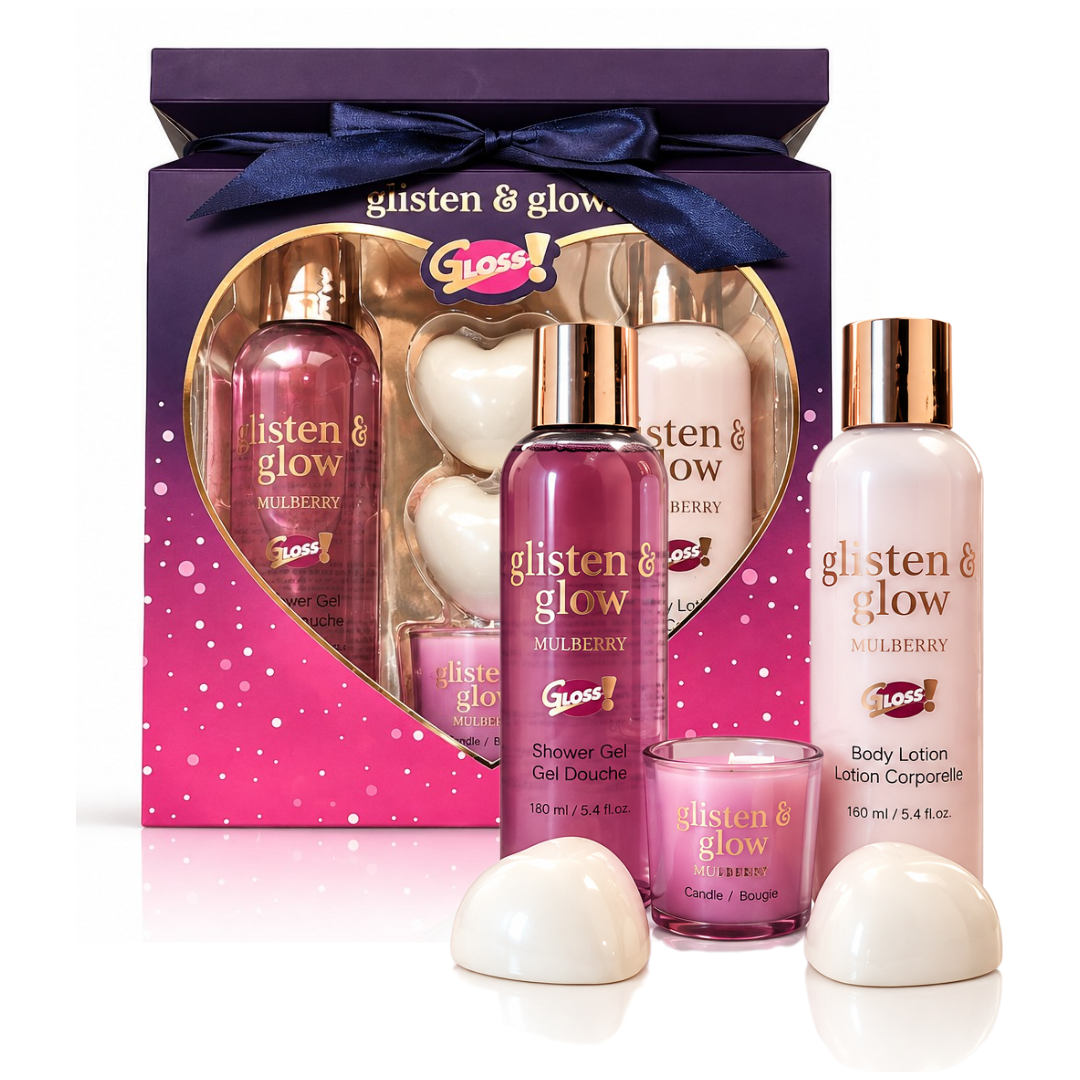 Set cadou pentru femei Glisten & Glow For Love, cu gel de dus, lotiune corp, bombe de baie si lumanare parfumata, 390 ml