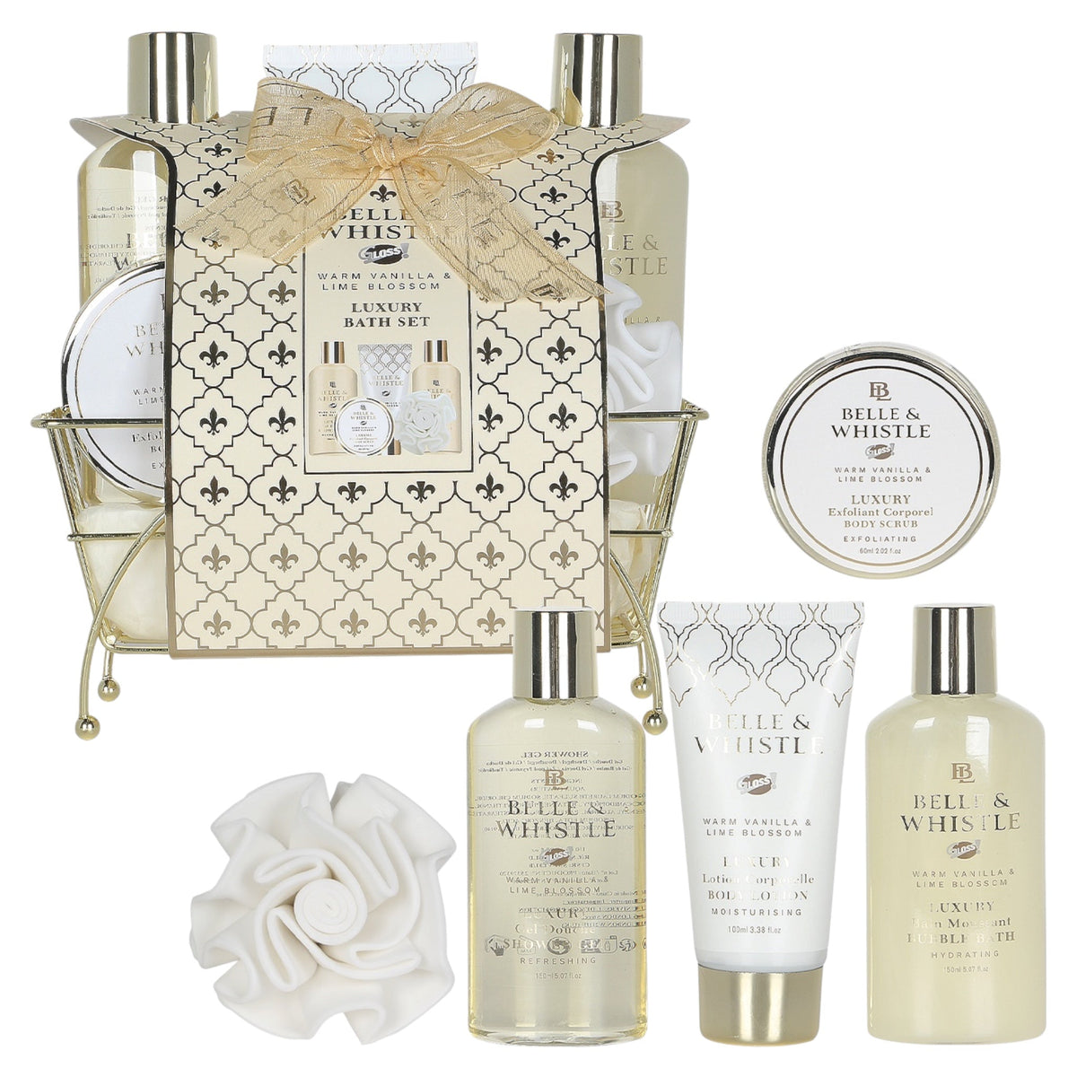 Set de baie pentru femei Belle & Whistle Warm Vanilla & Lime Blossom, cu gel de dus, spumant si burete de baie, lotiune si scrub de corp, 460 ml
