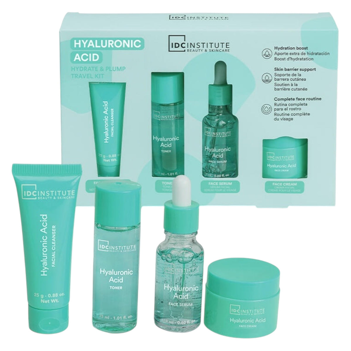 Set Travel pentru hidratare faciala cu Acid Hyaluronic, cu Tonner, Cleanser, Ser si Crema, IDC Institute, 26171