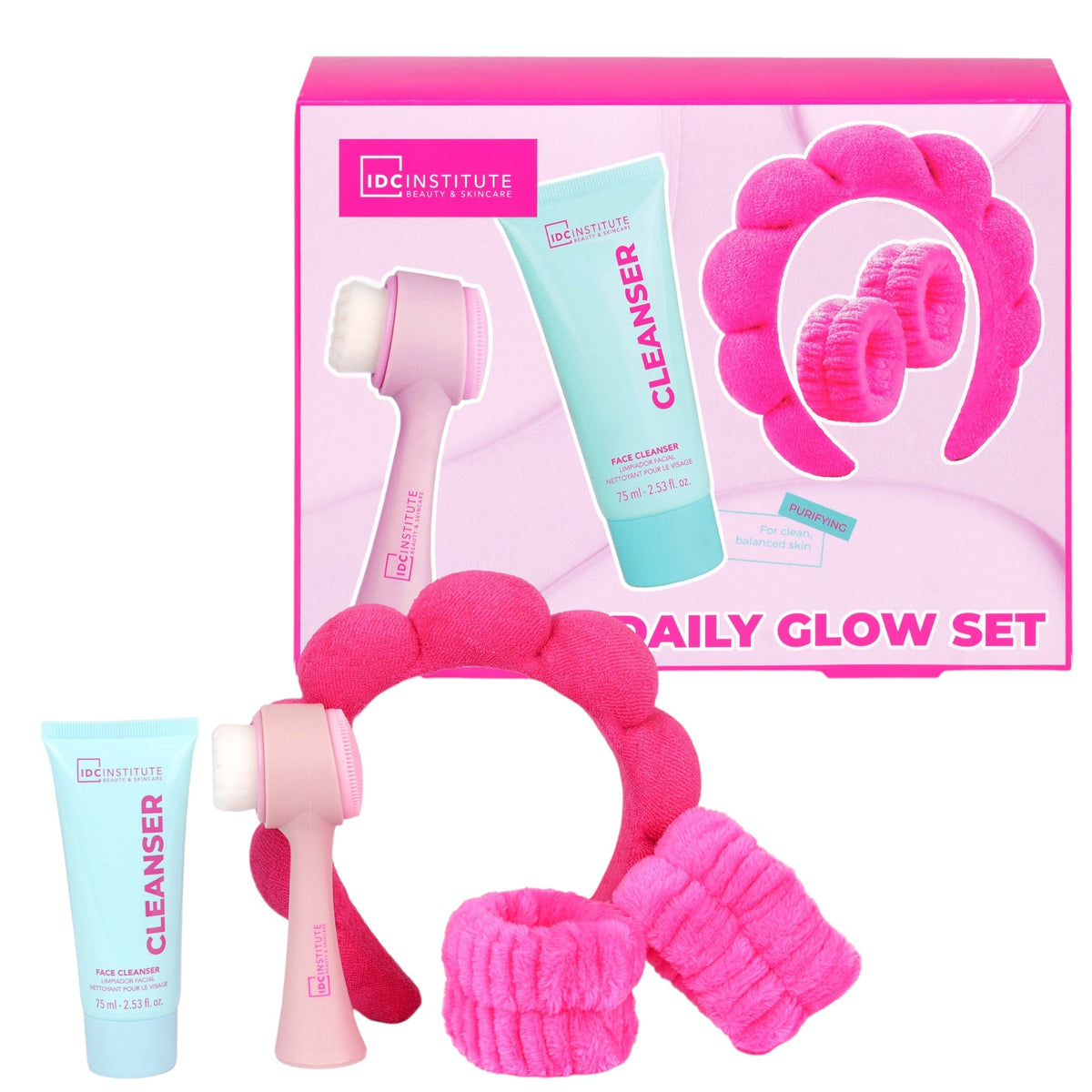Kit pentru curatare faciala Glissy Pure Glow, cu Perie faciala, bentita, benzi incheieturi si Cleanser, IDC Institute, 99318