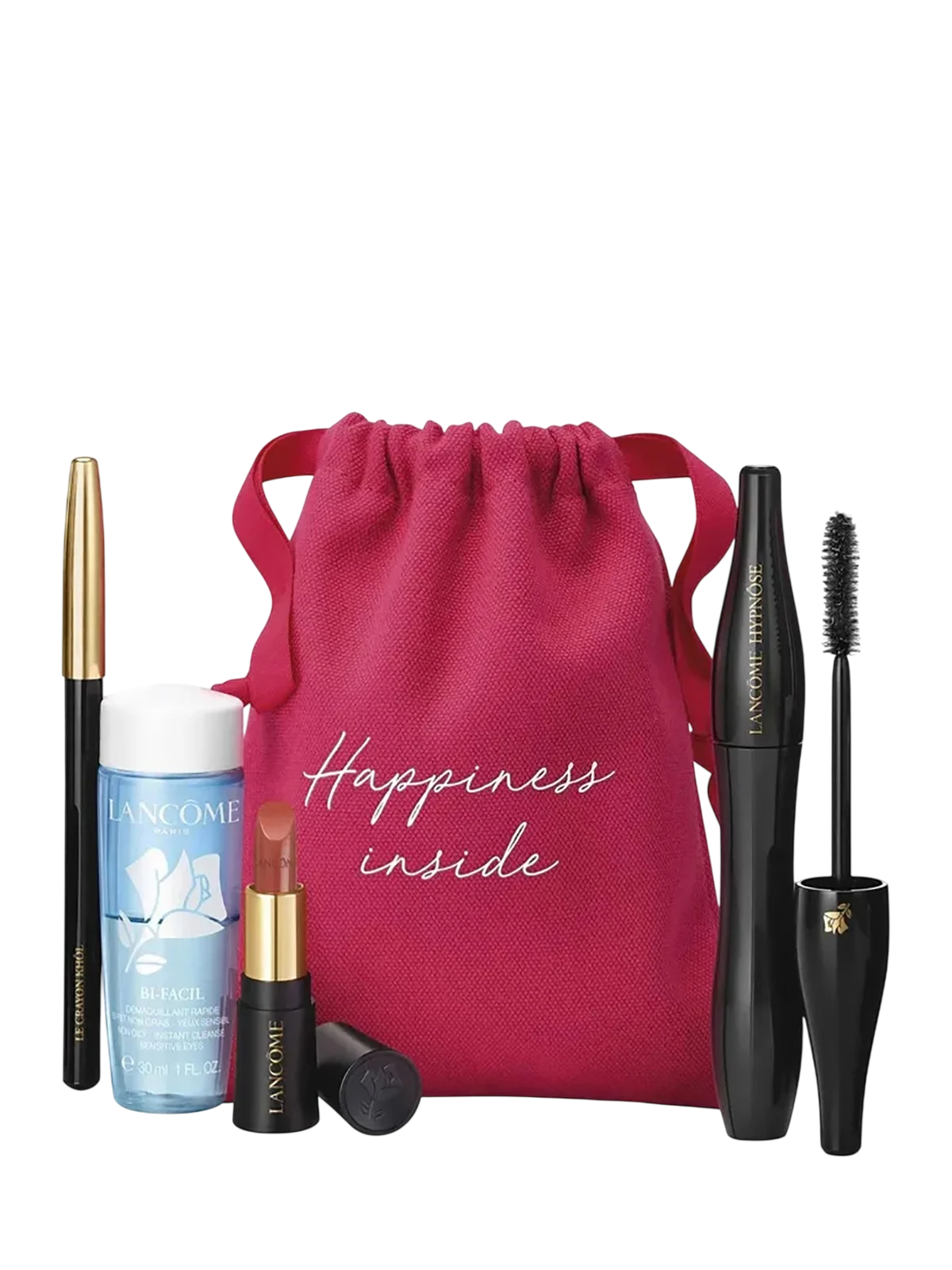 Set Lancome: Hypnose, Volumizing, Mascara, 01, Noir Hypnotic, 6.2 ml + L'Absolu Rouge, Cream Lipstick, 274, French Tea, 1.6 g *Miniature + Le Crayon Khol, Kohl, Kajal Eye Pencil, 1, Noir, 1.14 g *Miniature + Bi-Facil, Makeup Remover Lotion, 30 ml