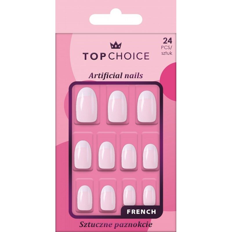 Set 24 unghii artificiale French, ovale, roz, Top Choice, 78422