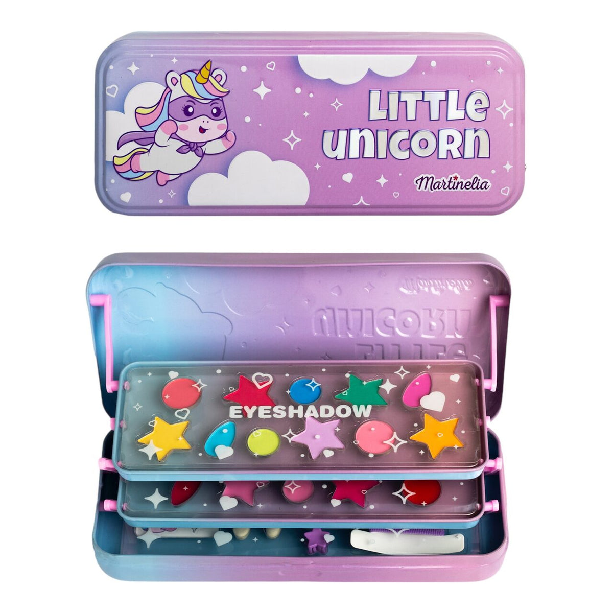 Trusa etajata cu Fard de ochi, luciu de buze si accesorii Little Unicorn Martinelia, 12022