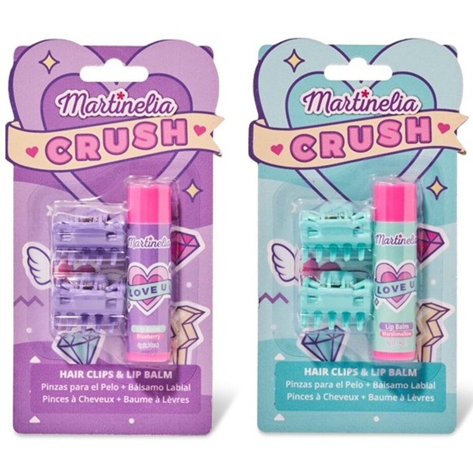 Pachet 2 Set balsam de buze cu aroma de bezele & afine si agrafe asortate Crush Martinelia 11101, 4 g
