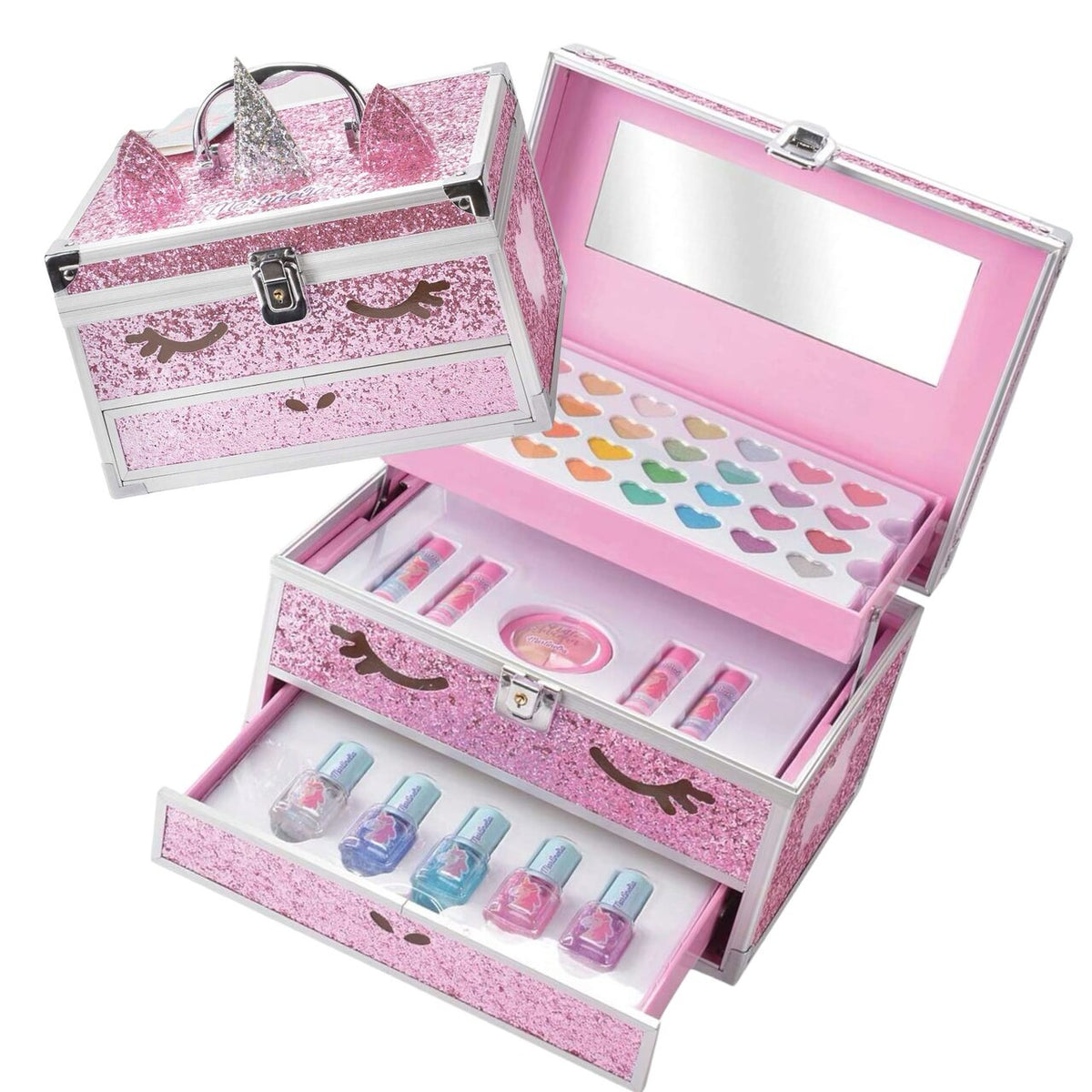 Trusa metalica cu accesorii pentru machiaj si unghii, Unicorn Big Glitter Case, fetite, Martinelia