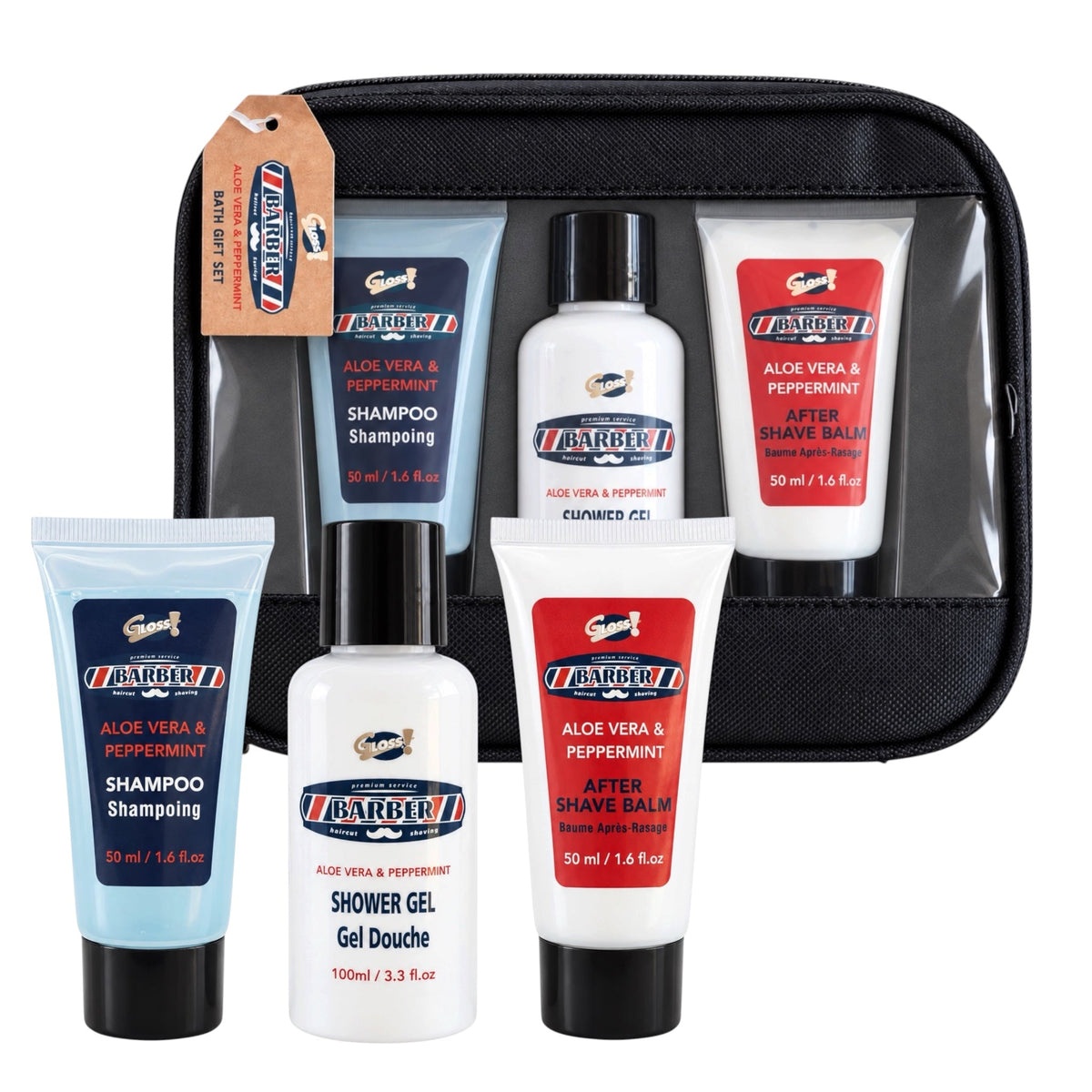 Gentuta cosmetica pentru barbati Gloss! Barber Aloe Vera & Peppermint, cu gel de dus, sampon si balsam dupa ras, 200 ml