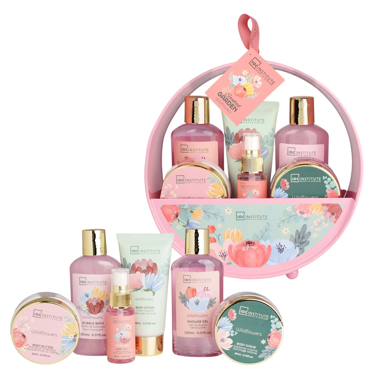 Set cadou pentru ingrijire corporala si baie Scented Garden Wildflowers, IDC Institute, 99310, 6 piese, Cos metalic
