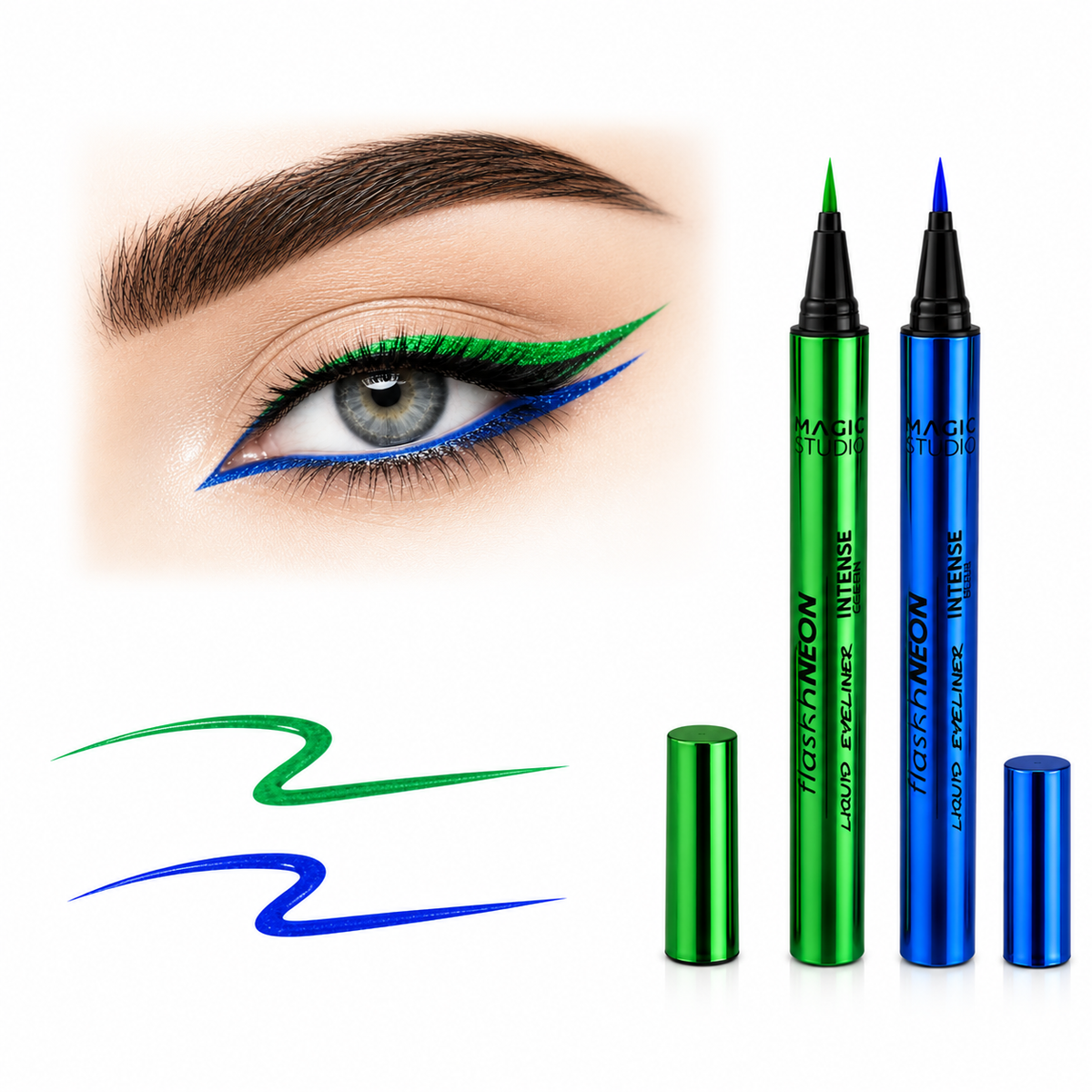 Set 2 bucati Eyeliner lichid Fash Neon, Magic Studio, 68027, verde si albastru