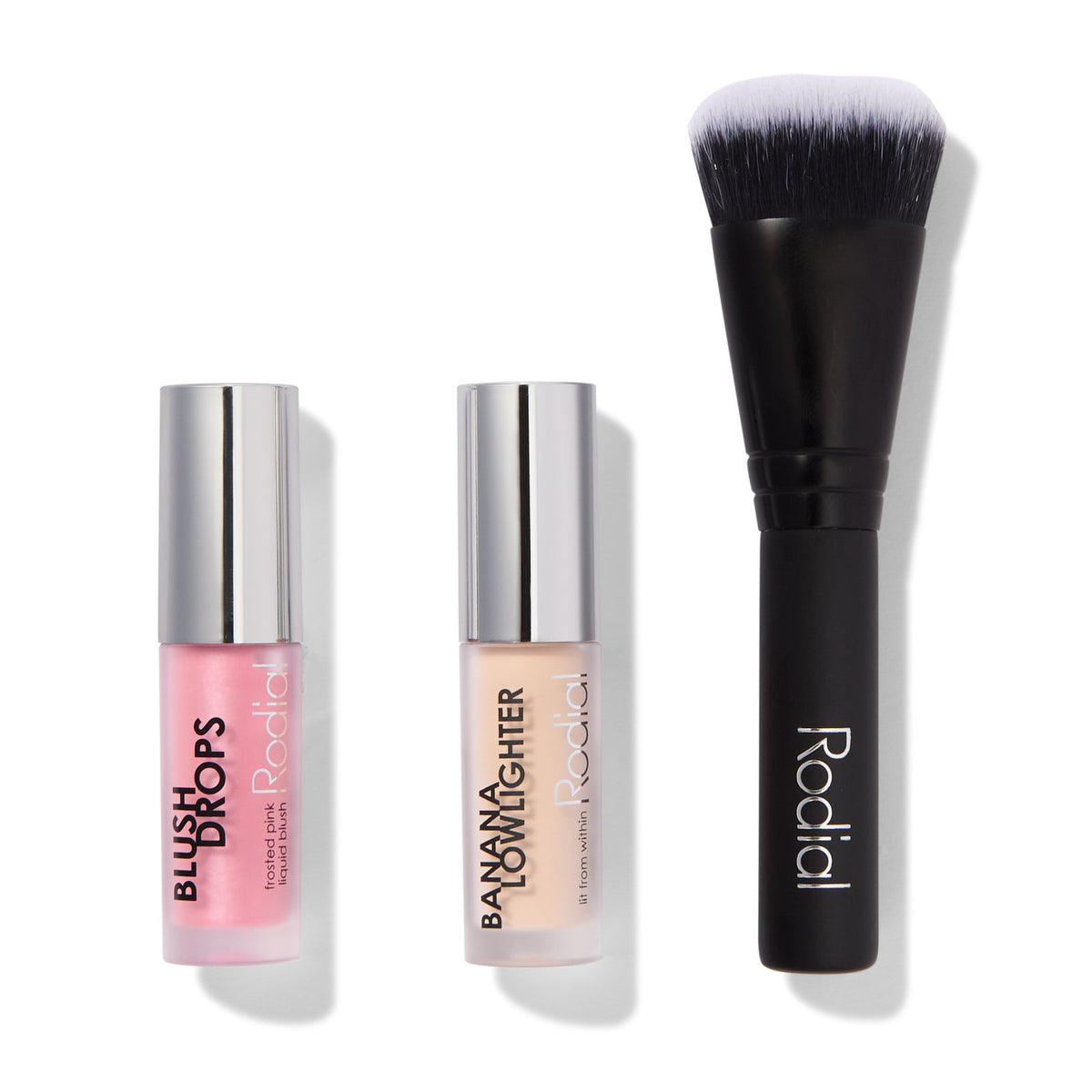Xmas 2024 Set Rodial: Blush Drops, Radiant Finish, Liquid Blush, Frosted Pink, 15 ml + Banana Lowlighter, Illuminating, Liquid Highlighter, For Face, 1.6 ml + The Buffing, Mini, Foundation Brush, No. 10