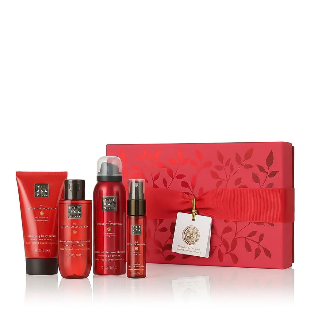 Set Rituals: The Ritual Of Ayurveda, Shower Mousse, 50 ml + The Ritual Of Ayurveda, Nurture, Shower Oil, For Dry Skin, 75 ml + The Ritual Of Ayurveda, Hair Scented Mist, For Women, 20 ml + The Ritual Of Ayurveda, Balancing, Body Cream, 70 ml